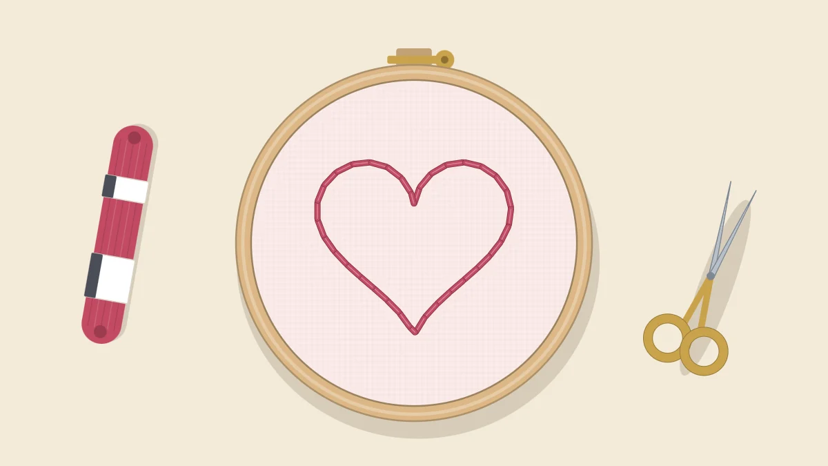 Embroidery hoop with a heart outlined in backstitch