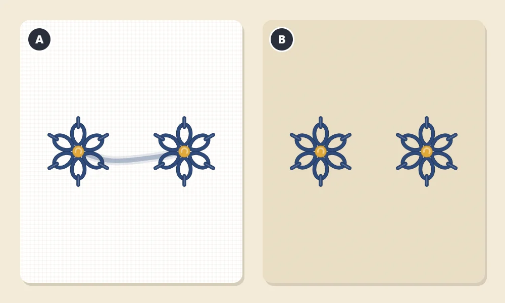 Two fabric swatches lettered A and B, each with two small stitched motifs; on A a dark thread on the back shows through as a shadow between the motifs, on B nothing shows through