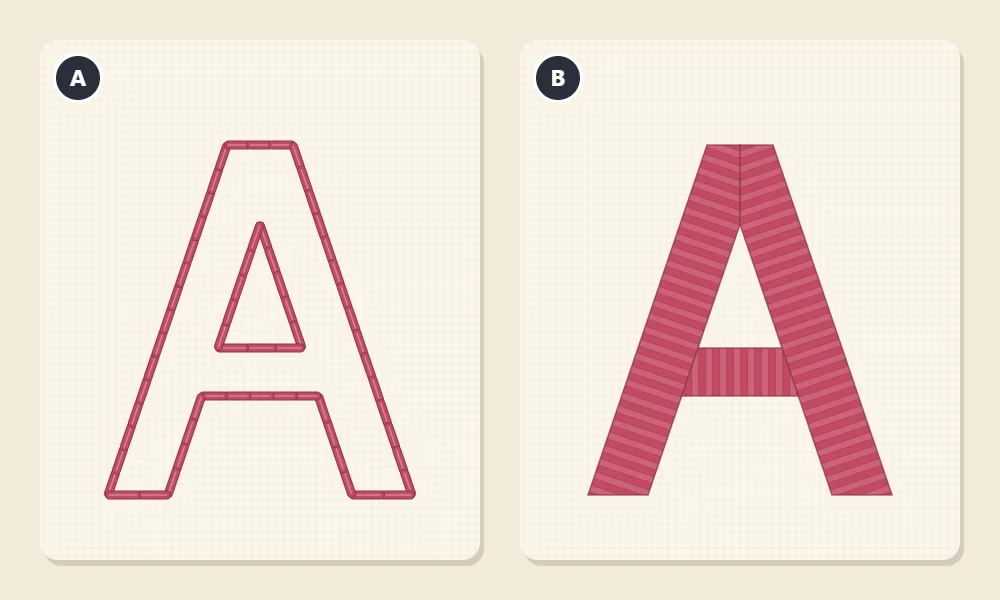 Two stages lettered A and B: the letter outlined in backstitch only, and the same letter with its strokes filled with satin stitch