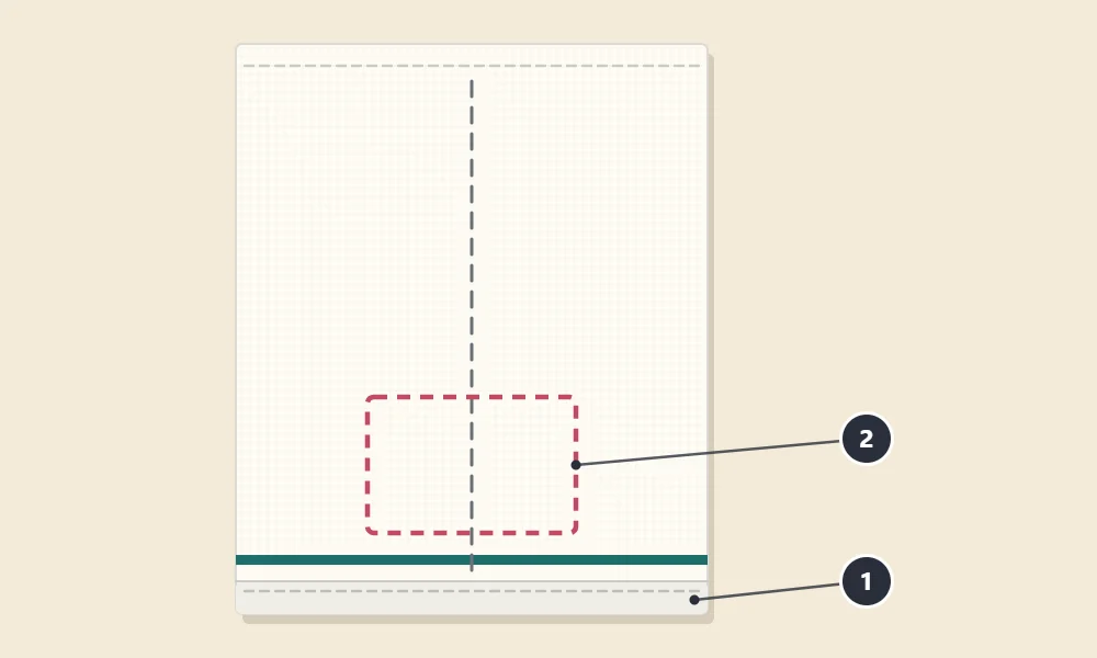 Tea towel laid flat with a dashed center line and a dashed rectangle centered near the bottom hem; the hem is numbered 1 and the motif area 2