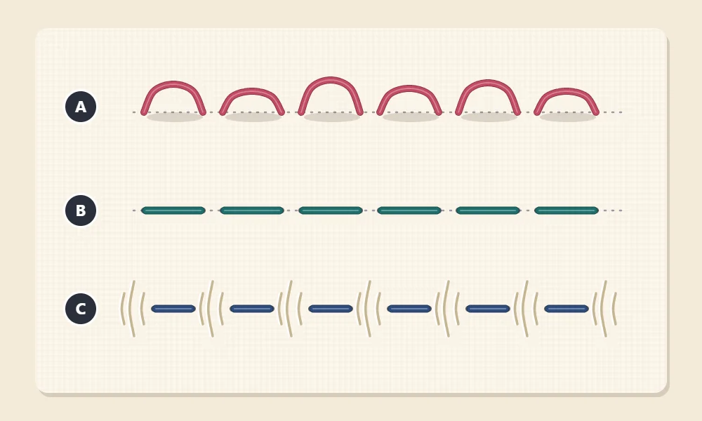 Three rows of stitches lettered A, B and C: A stitches arching up in loose loops, B stitches lying flat and even, C fabric puckered with small wrinkles around tight stitches