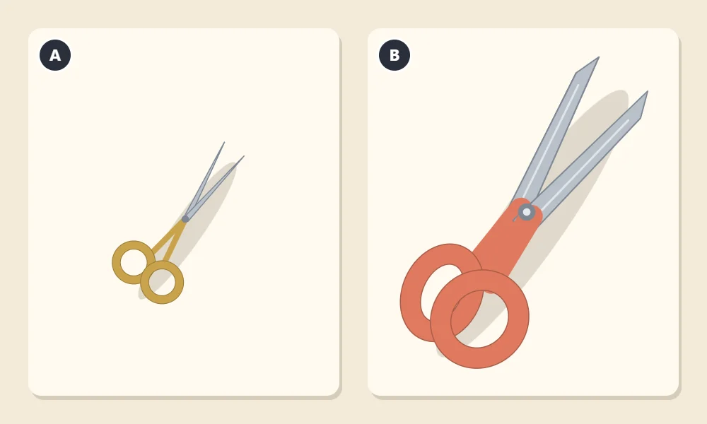 Two pairs of scissors lettered A and B: A small embroidery scissors with fine points, B large household scissors