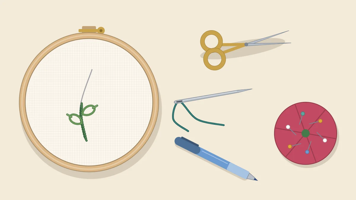 A flat lay of embroidery tools: small scissors, a hoop, a needle, a pincushion with pins and a marking pen