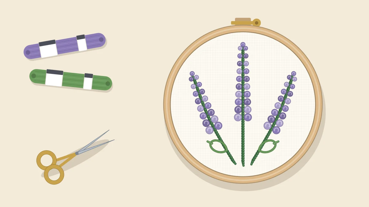 Embroidery hoop with three lavender sprigs whose flowers are clusters of French knots