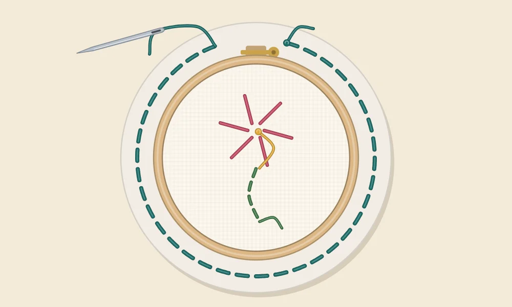 Back of an embroidery hoop with the fabric trimmed to a circle about an inch wider than the hoop and a line of running stitches around the margin