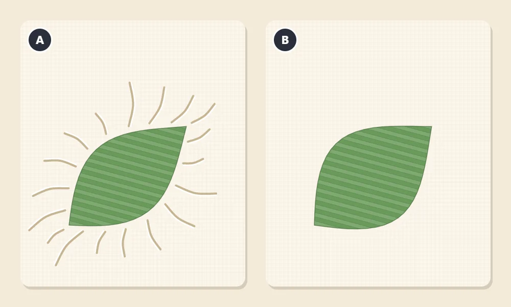 Two satin-stitched leaves lettered A and B: A with wrinkles radiating out from the shape, B lying flat with no wrinkles