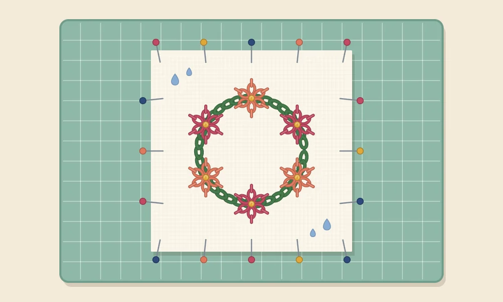 A damp embroidered square pinned flat to a padded board with pins all around its edges and the corners square
