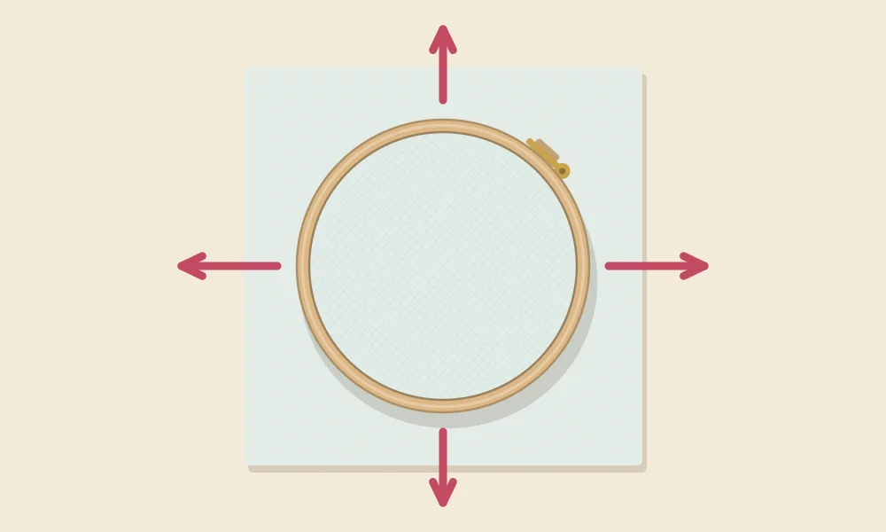 Hooped fabric with four arrows pointing outward at the top, bottom, left and right, showing where to pull the fabric gently while tightening the screw