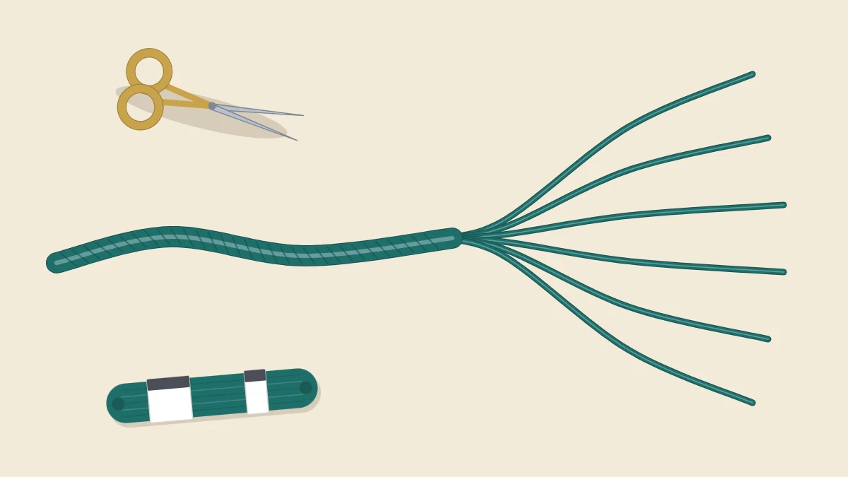 Cut length of six-strand embroidery floss lying horizontally with its right end fanned out into six separate strands
