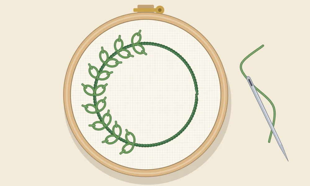 Wreath in progress with the full ring stitched in stem stitch and leaves added along the left half only