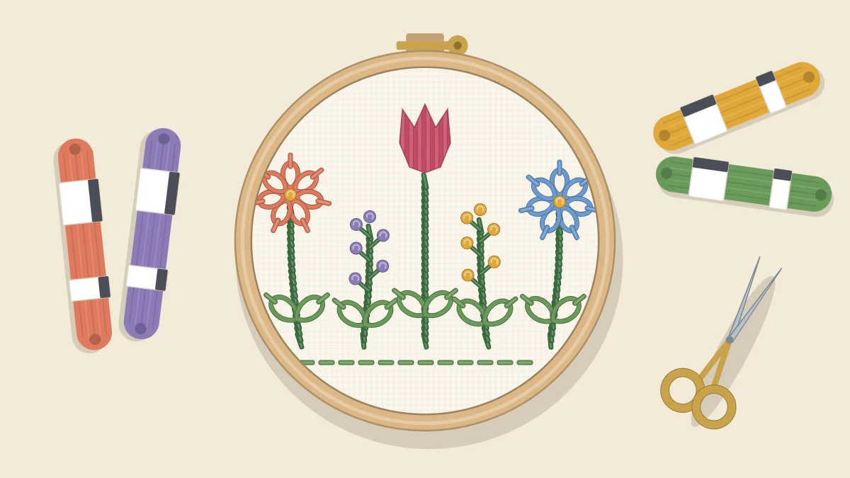 Embroidery hoop with a row of five spring flowers on green stems: daisies, a tulip and knot-flowered sprigs
