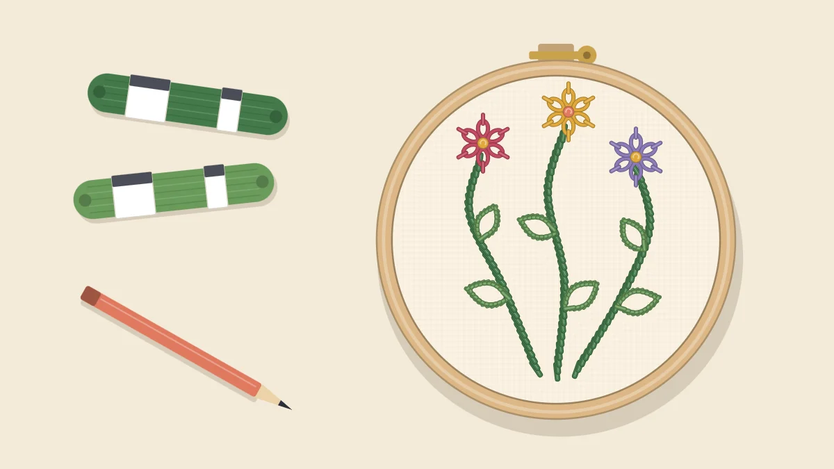 Embroidery hoop with three curved flower stems and leaves worked in stem stitch